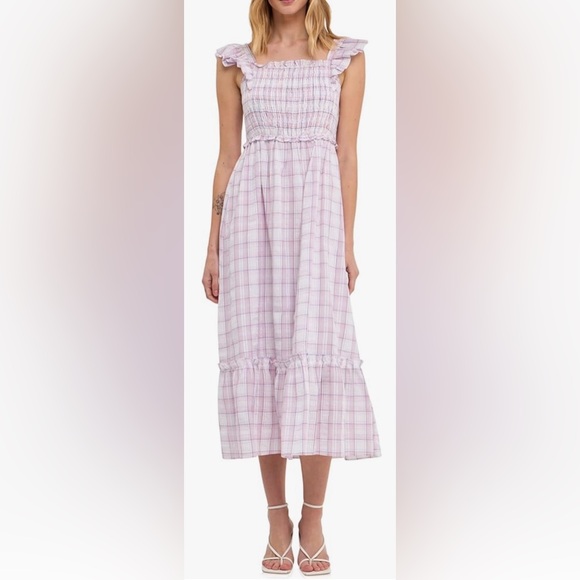 English Factory Dresses & Skirts - English Factory Plaid Flutter Sleeve Midi Ruffle Dress